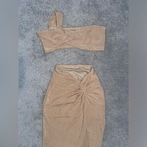2 piece beige slit skirt set